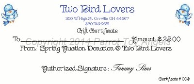 Raffle Donation Gift Cert  005.jpg - Two Bird Lovers $25 Gift Certificate